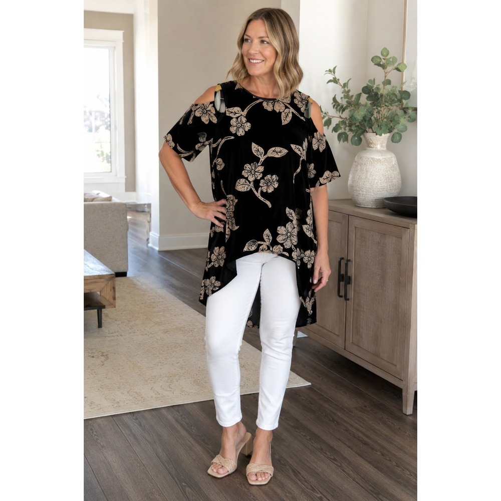 Anne Fontaine Agostine Black Silk Blend Devore Velvet Floral Cold Shoulder Tunic